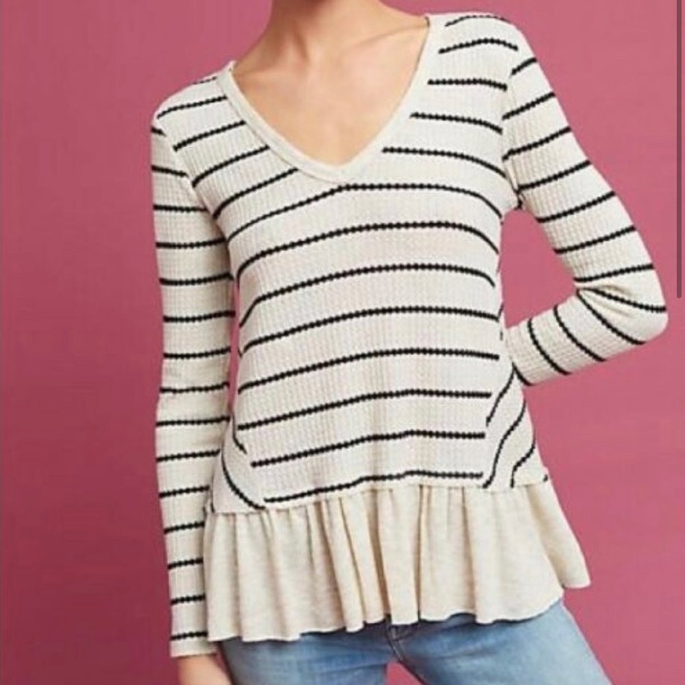 eri + ali by Anthropologie Waffle Knit V-Neck Thermal - M - Ivory/Blk stripe